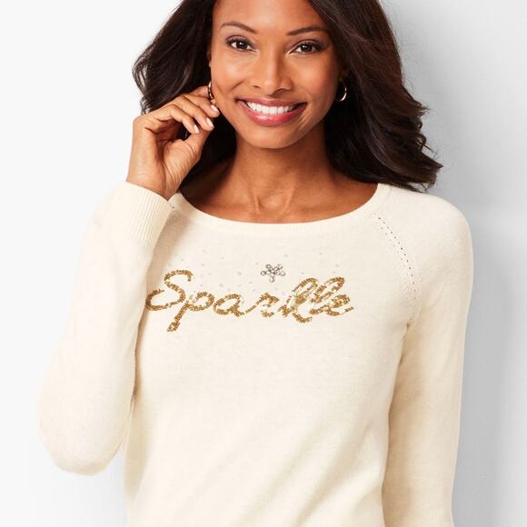Talbots Sparkle Sequined Embellished Cream Sweater - Picture 2 of 9